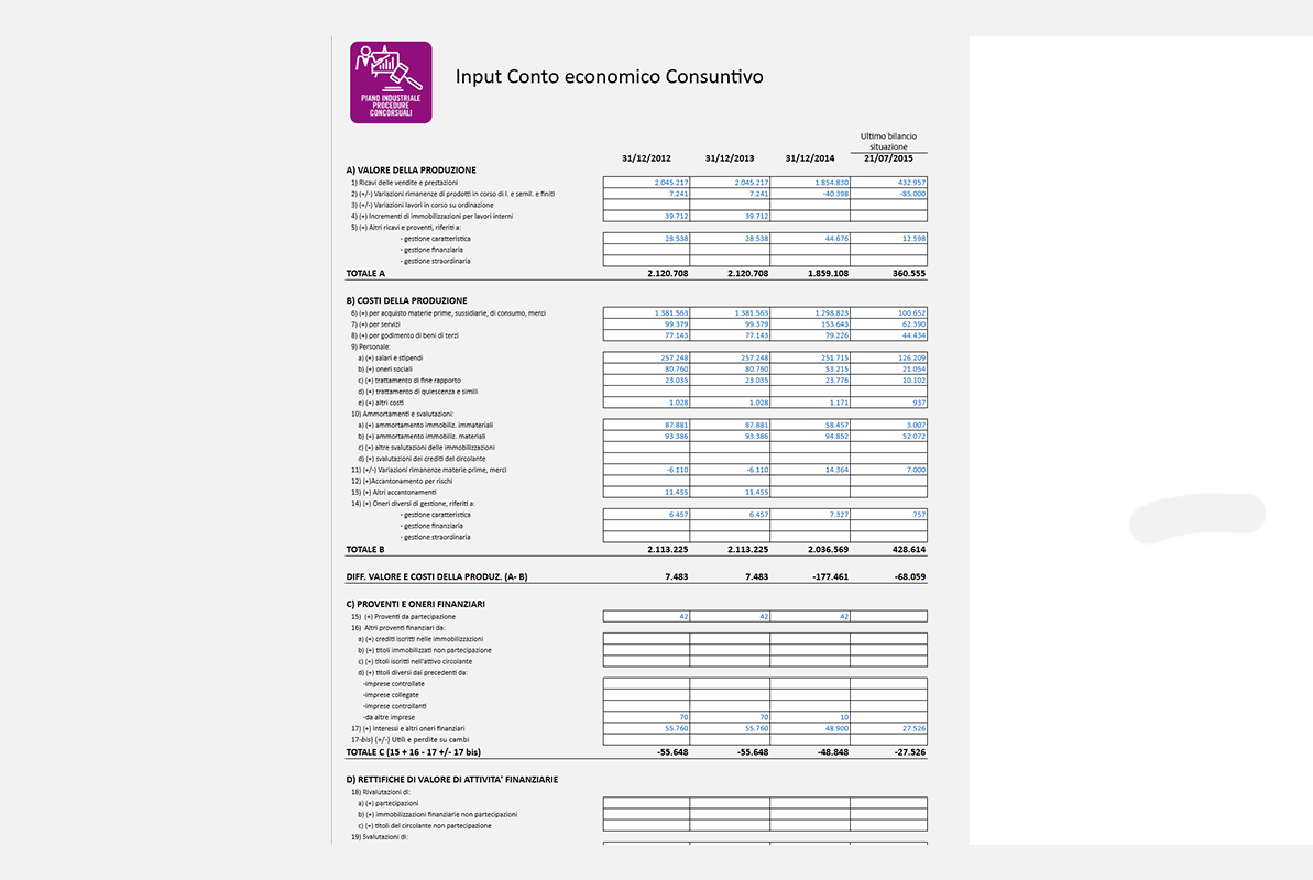 Software Piano Industriale Procedure Concorsuali - Input conto economico consuntivo
