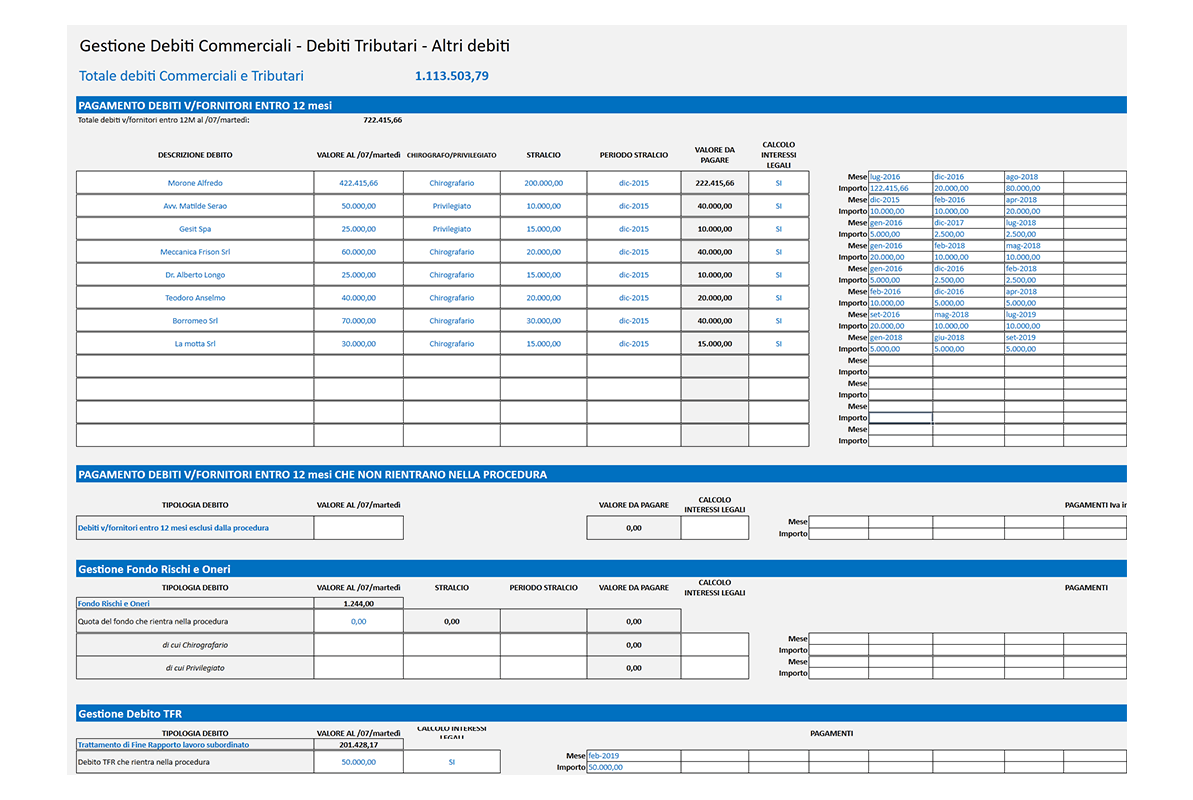 Software Piano Industriale Procedure Concorsuali - gestione debiti commerciali tributari e altri debiti