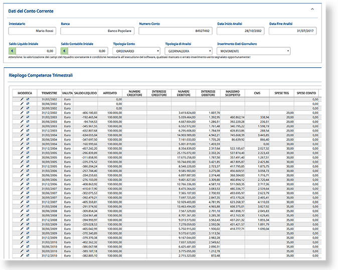 dati-conto-corrente Software Anatocismo e Usura Trimestrale - Dati conto corrente