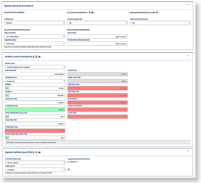 opzioni-analisi Software Anatocismo e Usura Conti Correnti - Opzioni generali analisi