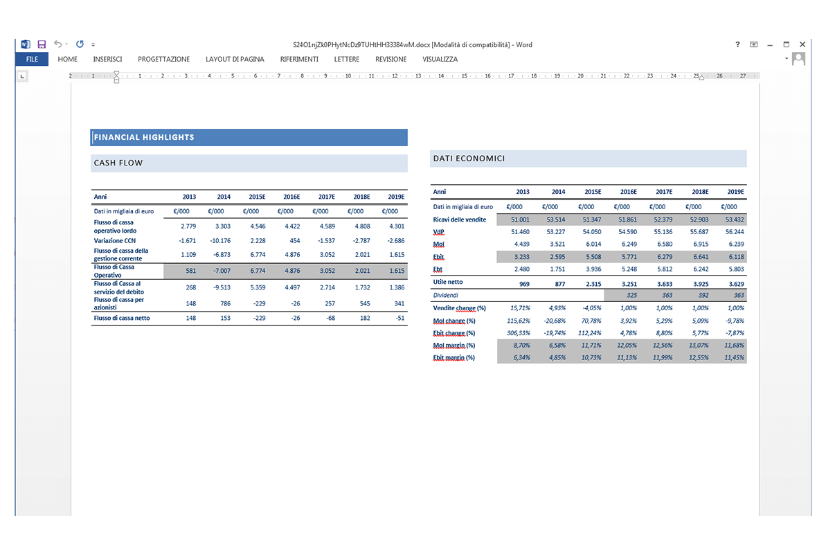 Fac Simile Piano Industriale - Financial Highlights