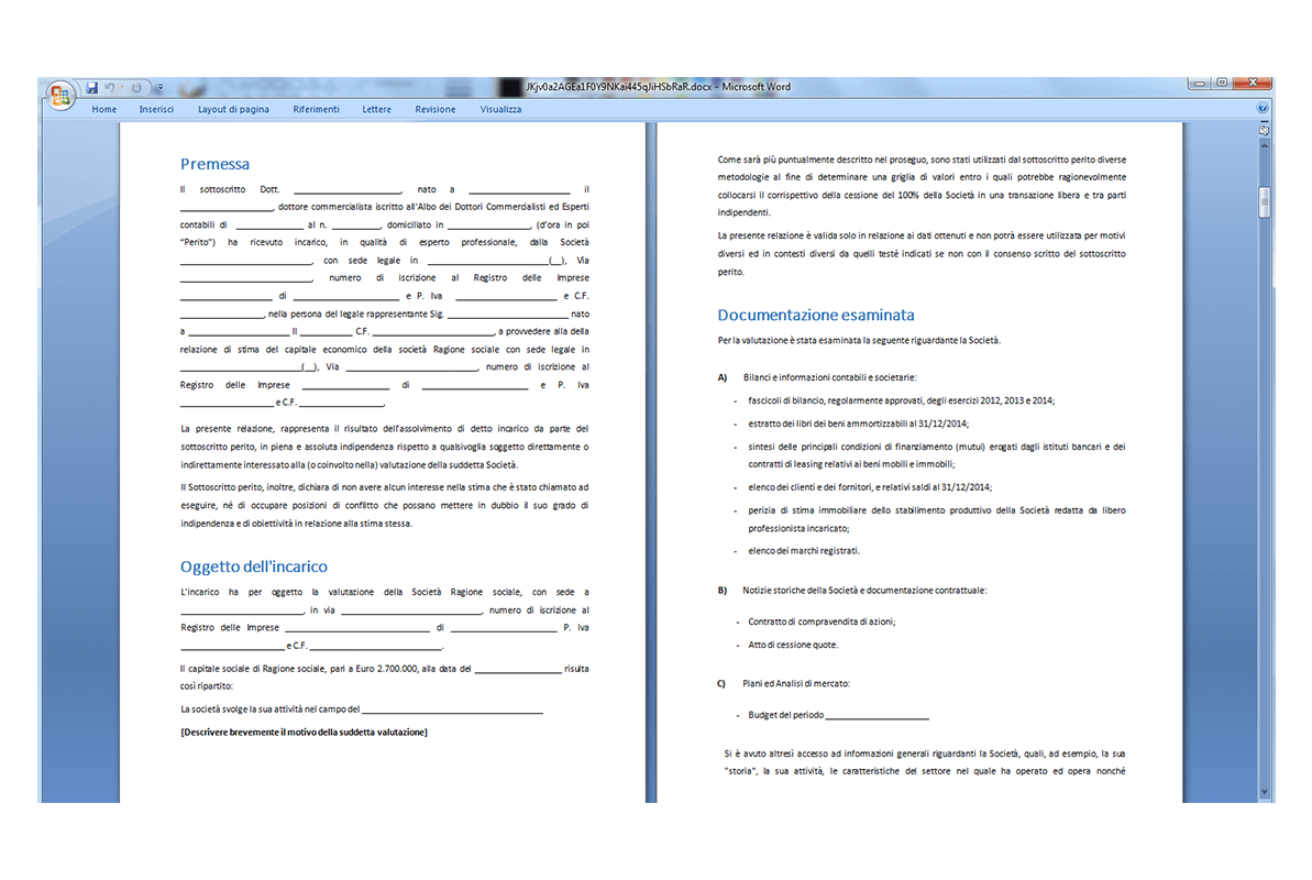 Perizia di Valutazione Aziendale - Proedure operative di valutazione