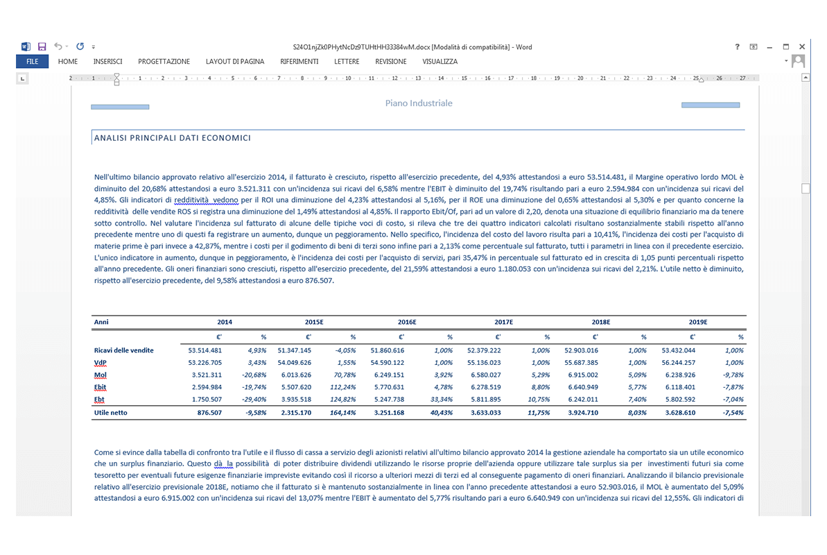 Fac Simile Piano Industriale - Analisi principali dati economici