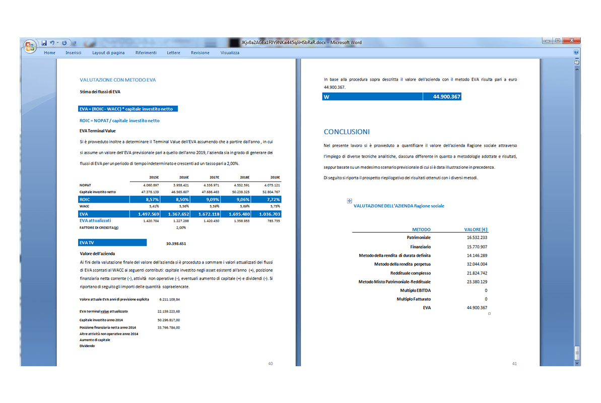 Perizia di Valutazione Aziendale - Valutazione con metodo EVA
