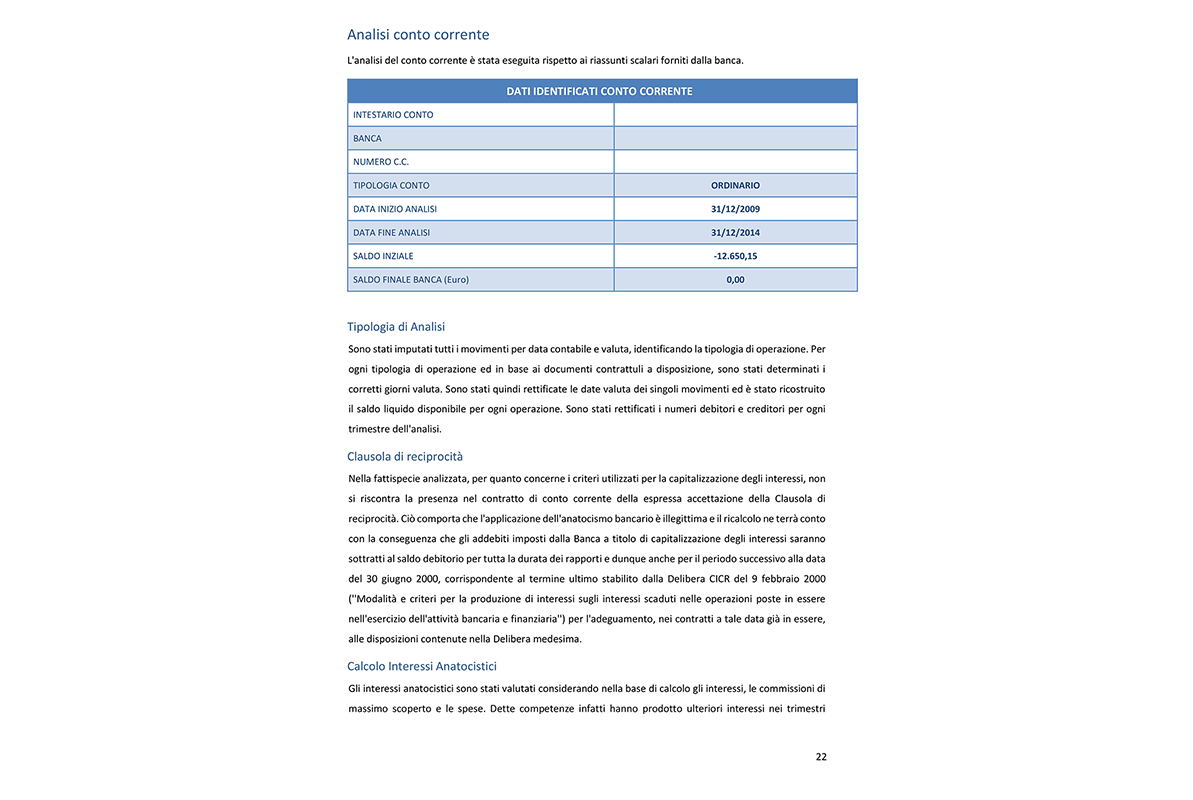 Perizia Econometrica Anatocismo Conti Correnti - Dati identificativi cc