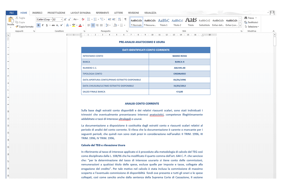 Perizia Econometrica Anatocismo e Usura analisi conto corrente