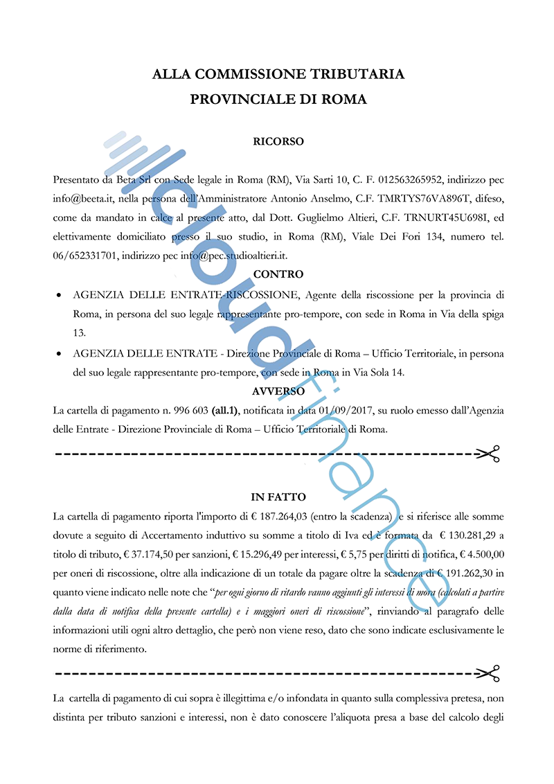 fac simile ricorso cartelle Equitalia - pag 1